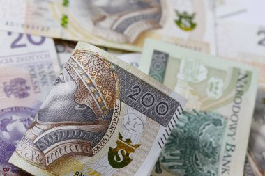 Polonya parası. Birkaç farklı Polonya zloti banknotları yan yana yerleştirildi ve finansal meseleler için arka plan oluşturuldu. PLN para birimi