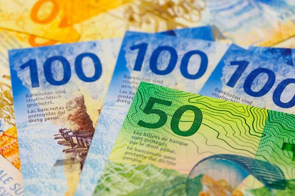 Birbirlerinin Yanına Yerleştirilmiş Sviçre Frangı Banknotları Chf Kağıt Para Sviçre — Stok fotoğraf