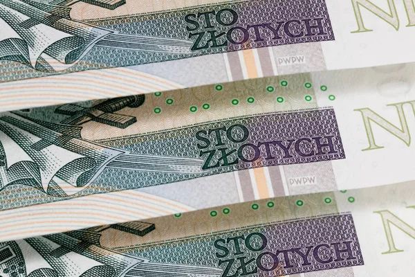 Polskie Pieniądze Polskie Banknoty Złote Umieszczone Obok Siebie Stanowiące Tło — Zdjęcie stockowe
