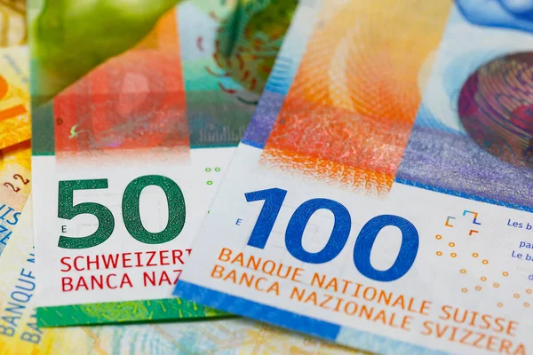 Swiss Franc Banknotes Various Denominations Placed Next Each Other Chf — Stock Photo, Image