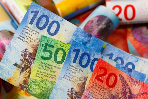 Billetes Franco Suizo Varias Denominaciones Colocados Uno Lado Del Otro — Foto de Stock