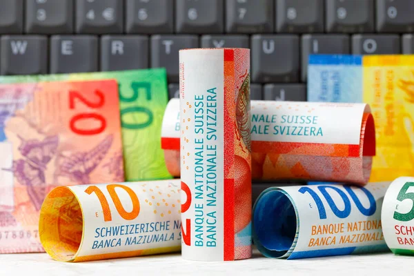 Swiss Franc Banknotes Various Denominations Stacked Pile Placed Background Computer — Stock Photo, Image