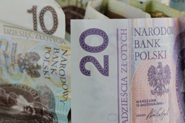 Polonya parası. Polonya zloti banknotları yan yana konur ve birçok finansal meselenin arka planıdır. PLN para birimi