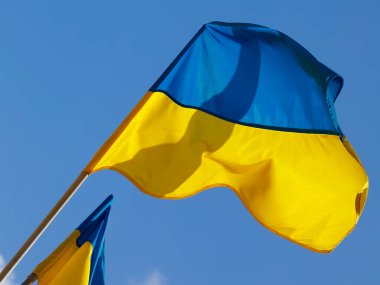 Ukrayna 'nın mavi ve sarı bayrağı rüzgarlı bir günde dalgalanır..