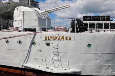 Gdynia, Poland - May 27, 2022: Blyskawica , lettering on the side of the warship. The Polish destroyer, in service in the Navy since 1937. It has been a museum ship since May 1976