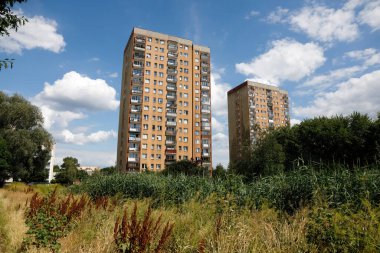 Warsaw, Poland - July 7, 2022: Multi-storey residential buildings in the Goclaw housing estate, in the Praga Poludnie district of the city of Warsaw.