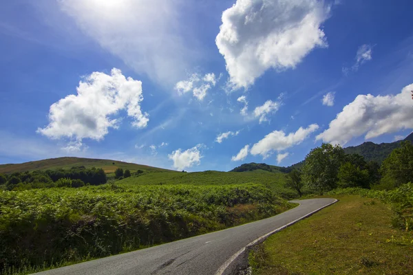 Schöne Landstraße mit blauem Himmel und weißen Wolken Hintergrund — Stockfoto