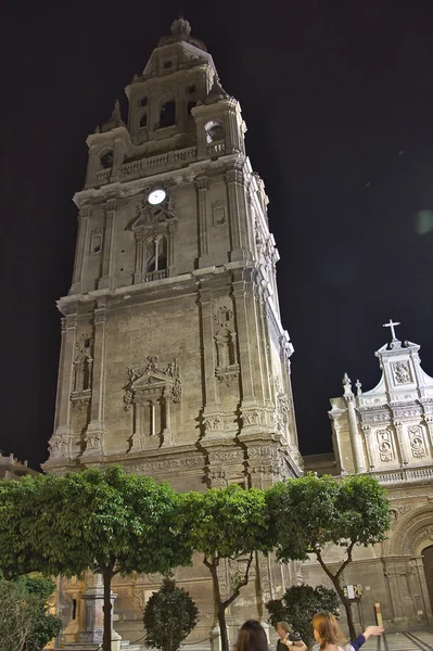 Detalles de la famosa catedral de Murcia durante la noche — Foto de Stock