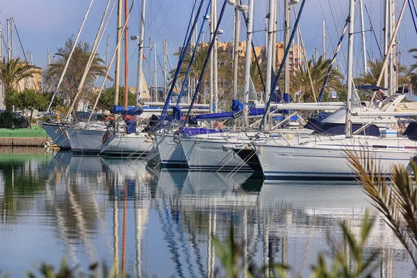 Modern marina filled with sailboats docked — Stock Photo, Image