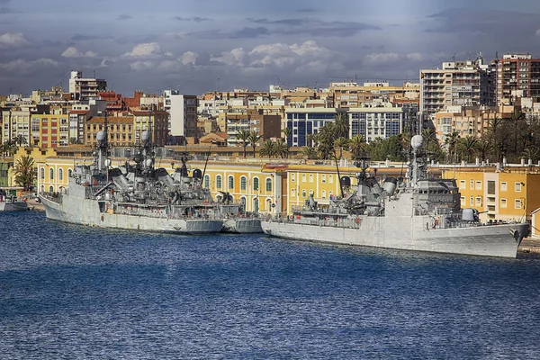 Modern warships moored in port — Stock Photo, Image