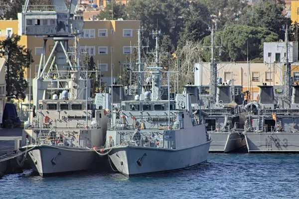 Modern warships moored in port — Stock Photo, Image