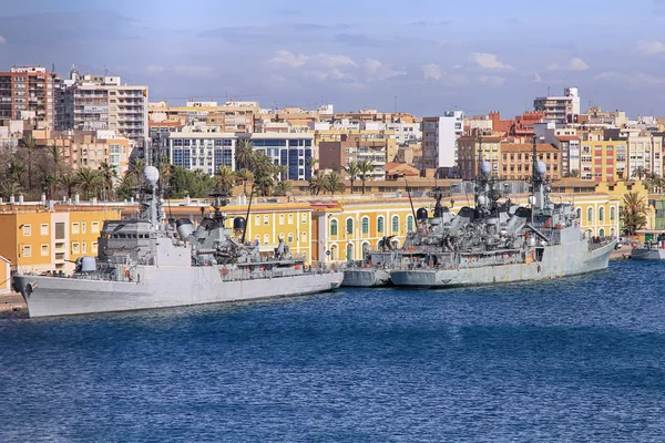 Modern warships moored in port — Stock Photo, Image