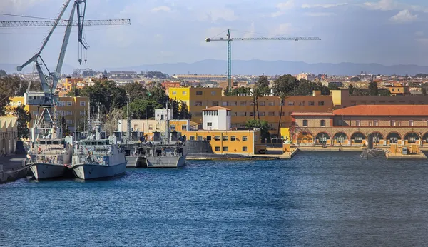 Modern warships moored in port — Stock Photo, Image