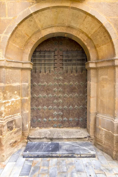 Vecchia porta in legno con ornamenti in ferro — Foto Stock