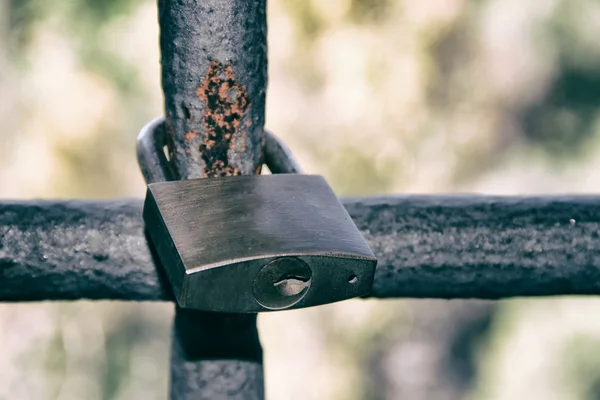Old padlock on iron bars — Stock Photo, Image