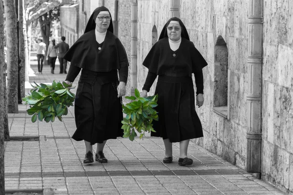 MADRID, ESPANHA - ABRIL 4: freiras andando pela rua preparou o — Fotografia de Stock