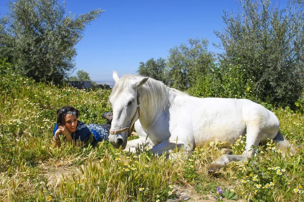Vacker vit häst med en ung kvinna vid sin sida bland f — Stockfoto