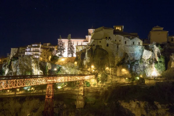 Viviendas Nocturnas Junto Acantilado Cuenca España — Foto de Stock