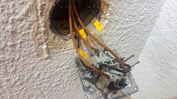 Installation Cables Plugs Wall — Zdjęcie stockowe