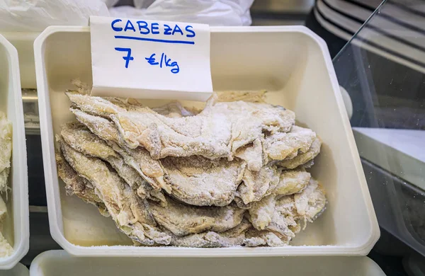 Dried pieces of salted cod or bacalao for sale at a market in Pamplona, Spain — Stock Photo, Image