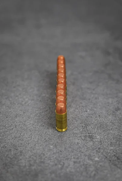 Acp Caliber Full Metal Jacket Bullets Unfired Rounds Lined Stone — Fotografia de Stock
