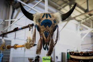 Kızılderili regalia, bizon ya da tatanka kafatası boyalı semboller ve tüylerle süslenmiş San Francisco 'daki bir toplantıda satışa sunuldu.