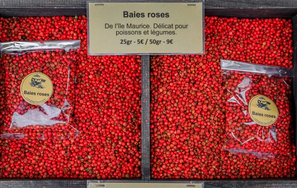 Red Peppercorns Mauritius Sign Suggesting Use Fish Vegetables Farmers Market — 스톡 사진