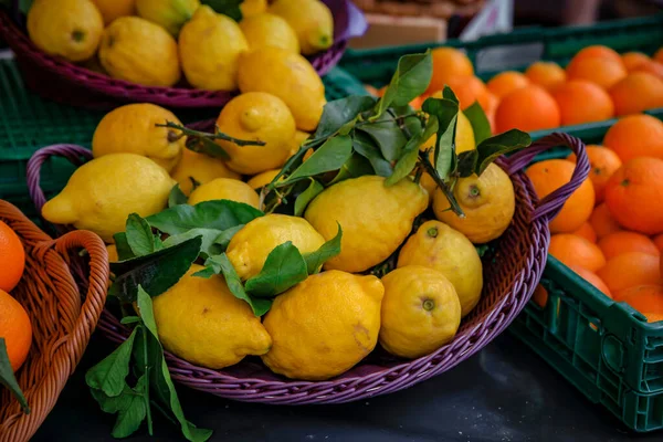 Ripe Yellow Lemons Stand Local Outdoor Farmers Market Cours Saleya — Stockfoto