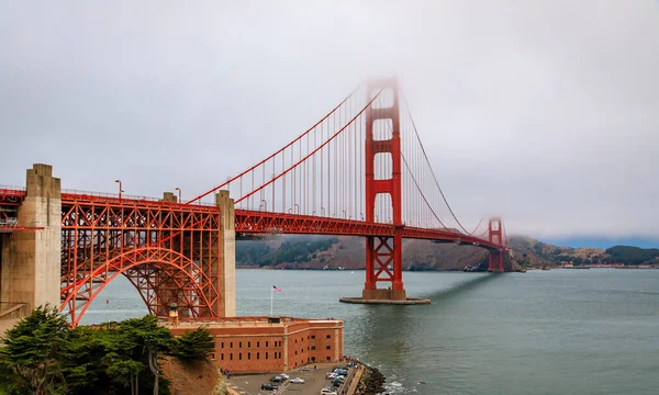 Panorama of the famous Golden Gate bridge on a cloudy summer day with low hanging fog rolling in San Francisco, California