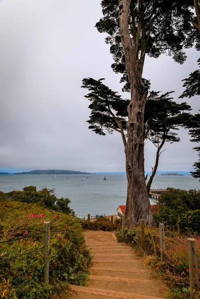 Caminho Levando Baía São Francisco Com Alcatraz Sob Baixo Nevoeiro — Fotografia de Stock