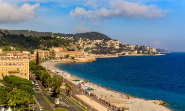 Aerial panoramic view of Nice coastline and beach along Promenade des Anglais on the Mediterranean Sea, Cote d'Azur, France