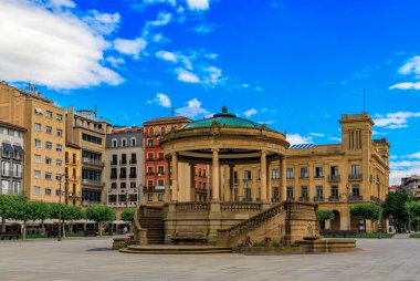 Historic Plaza del Castillo with restaurants and a central domed gazebo in Old Town, Pamplona, Spain famous for running of the bulls