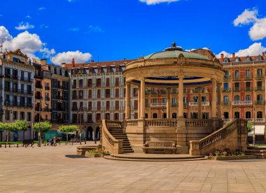 Historic Plaza del Castillo with restaurants and a central domed gazebo in Old Town, Pamplona, Spain famous for running of the bulls