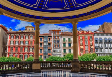 Central domed gazebo on Historic Plaza del Castillo in Old Town, Pamplona, Spain famous for running of the bulls