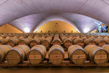 Otazu, Spain - June 23, 2021: Underground barrel cellar known as the Wine Cathedral at Bodega Otazu, northernmost winery in Spain producing red wine