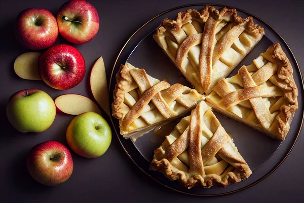 Sweet apple pie with golden crust and lattice decoration, fresh apples and decor on the table, dramatic lighting, food photography and illustration