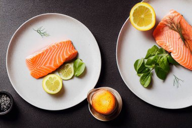 Güzel kaplanmış somon bifteği fileto, düz yatış, üstü açık yemek fotoğrafçılığı, siyah arka plan, yemek fotoğrafçılığı ve illüstrasyon.