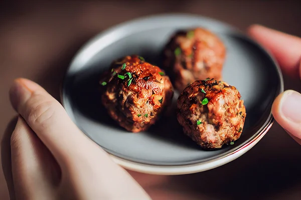Hands holding a plate with meatballs, selective focus on the meat balls, dark background, food photography and illustration