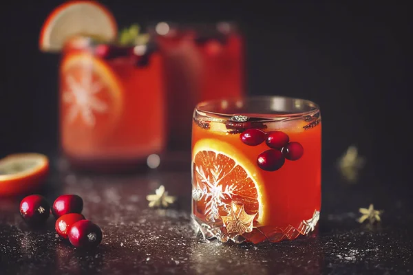 秋と冬のクランベリーオレンジの休日のパンチカクテルシナモン 星のアニス お祝いのクリスマスパーティードリンク 食品写真やイラスト — ストック写真