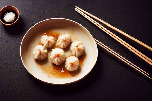 Beautifully plated Chinese dumplings on a dark table, food photography and illustration