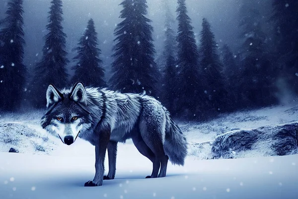 Large wild wolf standing in the middle snow forest meadow landscape, illustration rendering