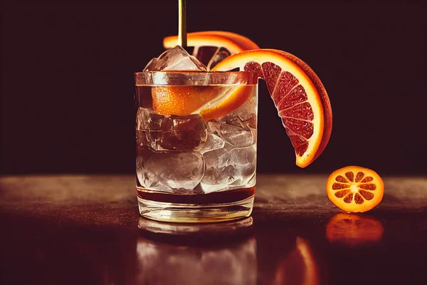 Fresh and classic old fashioned cocktail with ice and orange twist on a brown background, food photography, photorealistic illustration