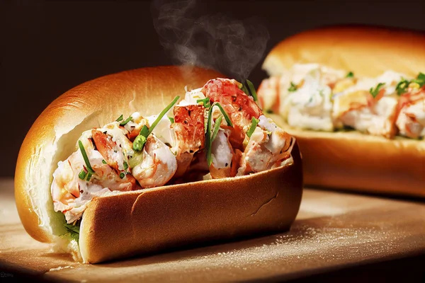 Tasty fresh lobster roll sandwiches on a rustic wooden board, food photography, photorealistic illustration