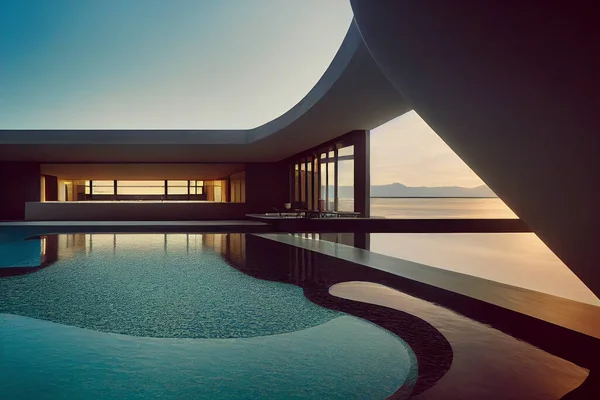 現代的なヴィラと夕日の反射 住宅建築 フォトリアリスティックなイラストと豪華なインフィニティプールの超広角ビュー — ストック写真