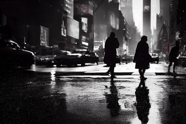 Lights and shadows of a modern city, silhouettes of people walking in the street after rain, reflections on wet asphalt, artistic illustration