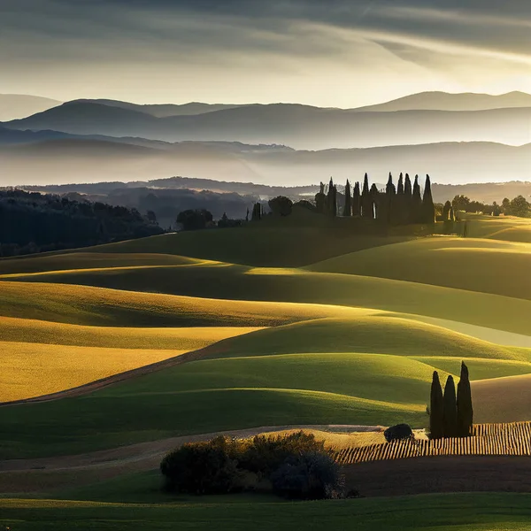 Tuscan rolling hills with cypresses and oak trees at sunset, during a hazy golden hour, photorealistic illustration