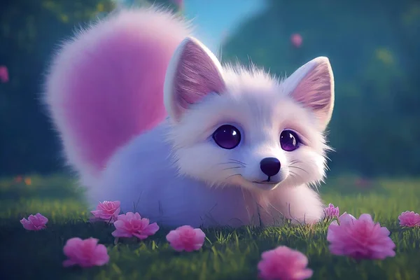 Cartoon white fluffy baby fox with big eyes on a green lawn with pink flowers, illustration