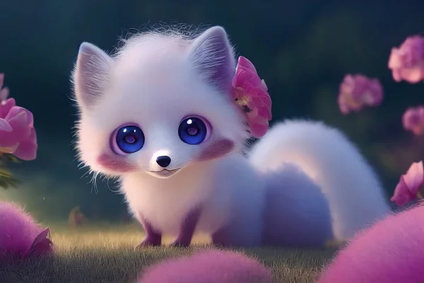 Cartoon white fluffy baby fox with big eyes on a green lawn with pink flowers, illustration
