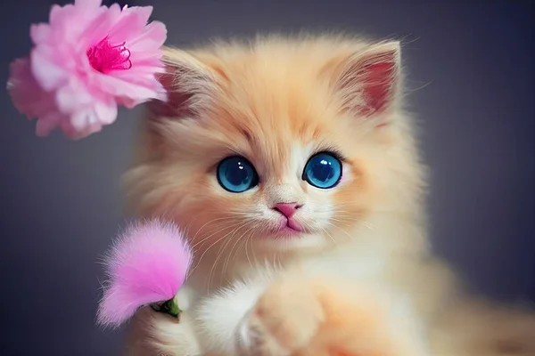 Cartoon fluffy baby kitten with big eyes and a pink flower, illustration