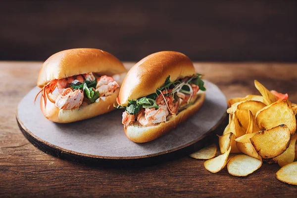 Tasty fresh lobster roll sandwiches with potato chips on a rustic wooden board, food photography, photorealistic illustration